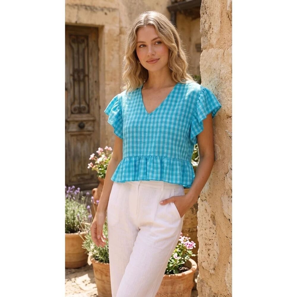 M&M Blue Gingham Peplum Top Size Med